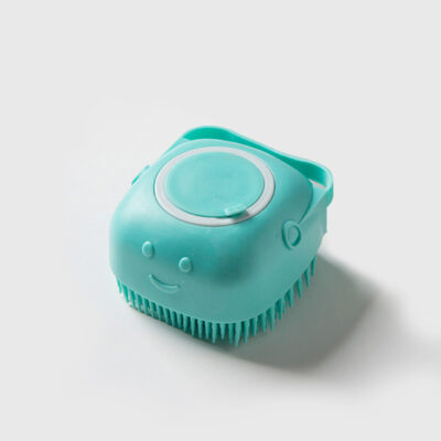 Pet Bath Brush shown in three different colors, pink, lake blue, and yellow. To use the brush, take off the middle tab, fill liquid, and then brush your pet to clean them.