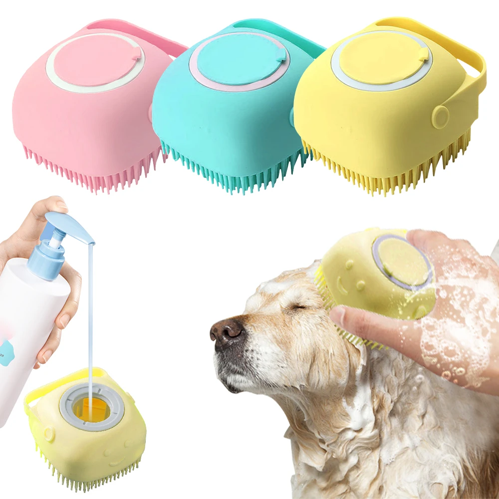 Pet Bath Brush shown in three different colors, pink, lake blue, and yellow. To use the brush, take off the middle tab, fill liquid, and then brush your pet to clean them.